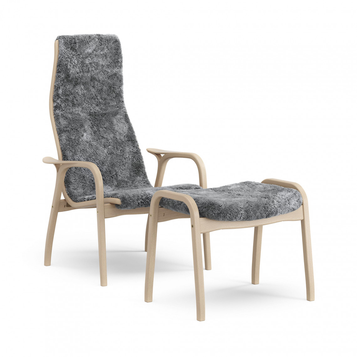 Lænestol + skammel Lamino, Farve fåreskind Scandinavian grey, Skelet Klarlakeret bøg